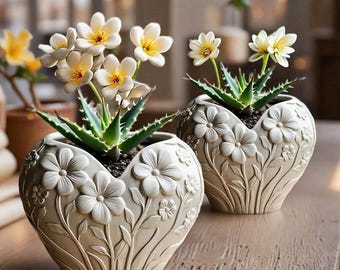 花瓶シリコン型 - ハート型収納ボックス樹脂型 - レリーフ花多肉植物ポット型 - ジェスモナイトコンクリート石膏キャンドル容器型