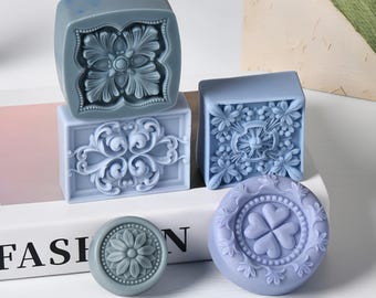 5 stilar tvål silikonform - fyrkantig retro mönster tvålform - rund relief tvålform - blommönster tvålform - gör-det-själv aromaterapi tvålform