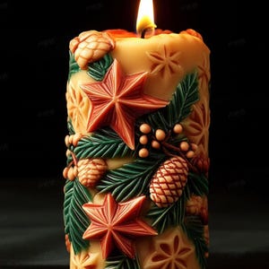 May include: A lit, cylindrical candle with a festive design. The candle features carved red stars, green leaves, and pinecones. The candle is a warm beige color, with a bright yellow flame.