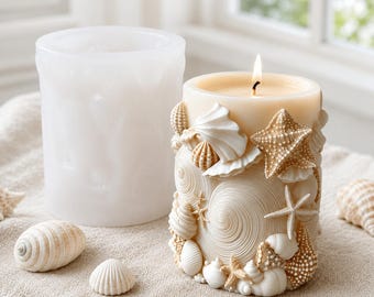 Ocean Candle Silicone Mold-Embossed Pillar Candle Mold-Conch Shell Candle Mold-Starfish Cylinder Candle Mold-Soy Wax Candle Mold