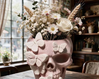 Skull Flowerpot Silicone Mold-Embossed Butterfly Skull Candle Jar Resin Mold-Skull Succulent Pot Mold-Concrete Plaster Candle Vessel Mold
