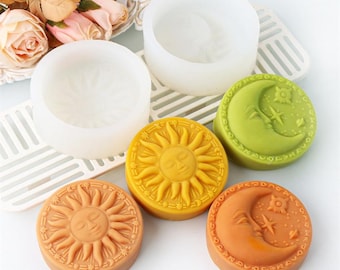 Savon rond en silicone, moule à savon visage soleil/lune, moule à bougie soleil et lune en relief, moule à bougie en cire d'abeille, moule à savon d'aromathérapie bricolage