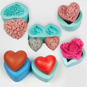 Moldes de silicona para jabón con forma de corazón de 8 estilos: molde de resina para jabón con forma de flor de rosa en forma de corazón, molde para velas con forma de flor para el día de San Valentín, molde para chocolate con fondant en forma de corazón