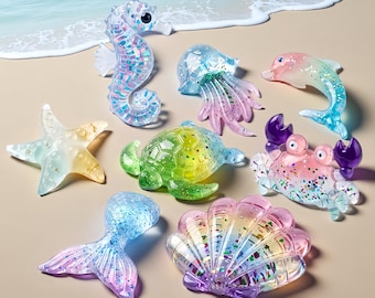 Molde de silicona con forma de animales marinos: tortuga marina, medusa, caballito de mar, delfín, cangrejo, concha marina y cola de pez. Molde de resina para crear colgantes de animales marinos.