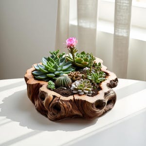 May include: A wooden planter filled with a variety of succulents and a single pink flower. The planter is crafted from a section of a tree trunk, displaying the natural wood grain and knots. The arrangement includes green, grey, and brown succulents, and a small cactus.