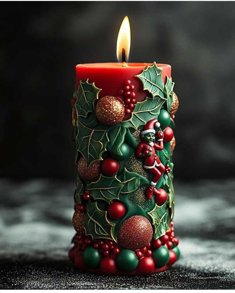 May include: A lit red Christmas candle with green holly and red berry decorations. The candle features a small Santa Claus figure and gold glitter accents. The candle is a festive holiday decoration.