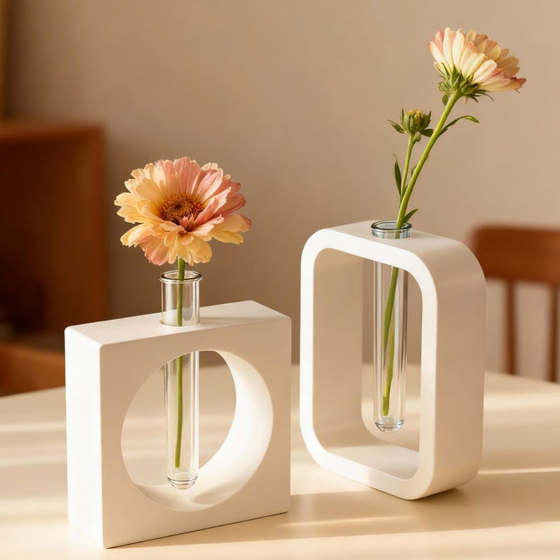 May include: Two white, geometric bud vases, each holding a single flower. One vase is rectangular with a circular cutout, the other is a rounded rectangle. The flowers are peach and yellow.