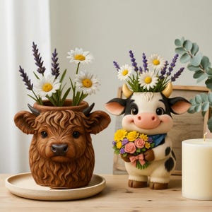 May include: Two decorative cow-shaped planters. One is brown with a shaggy texture, holding daisies and lavender. The other is black and white, holding a bouquet of flowers. Both have flowers in their heads.
