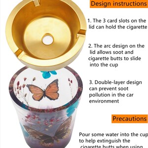 Puede incluir: Un cenicero de dos piezas. La parte superior es de metal dorado con tres ranuras para cigarrillos. La parte inferior es una taza de vidrio transparente con dise&ntilde;os de mariposas y flores. Instrucciones de dise&ntilde;o visibles.