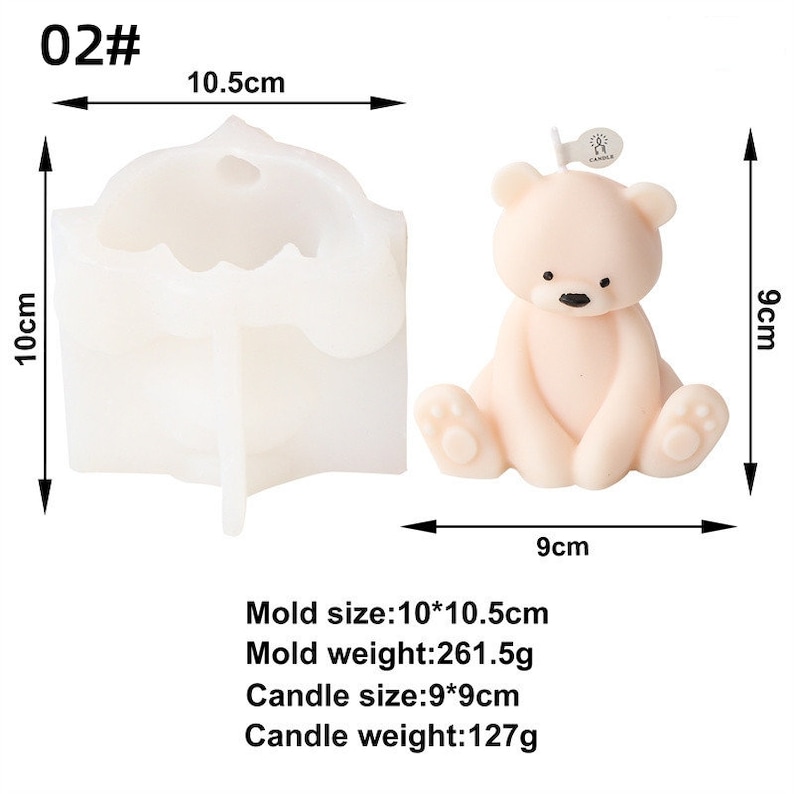 May include: A white silicone mold and a finished pink bear candle. The mold is 10 cm x 10.5 cm. The bear candle is 9 cm tall and 9 cm wide. The candle weighs 127 grams. The mold is for making bear-shaped candles.