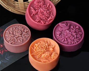 Round Soap Silicone Mold-Flower Bird Soap Mold-Peony Flower Soap Mold-Flower Pattern Soap Mold-DIY Aromatherapy Soap Mold