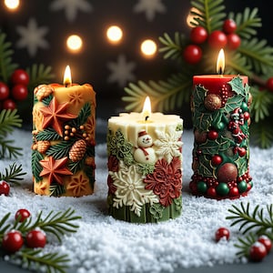 May include: Three lit Christmas candles with detailed relief designs. The candles are decorated with stars, pinecones, snowflakes, and a snowman. The candles are in shades of yellow, white, and red, with green accents, set against a snowy background.