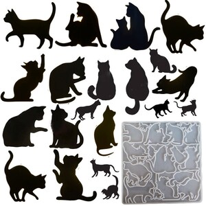 Könnte beinhalten: Eine Sammlung schwarzer Katzensilhouetten in verschiedenen Posen, darunter Gehen, Sitzen und Strecken. Das Bild enthält auch eine transparente Silikonform mit Katzenformen, ideal für Bastelprojekte. Die Katzen sind alle schwarz.
