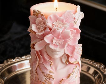 Flower And Girl Candle Silicone Mold - Embossed Flower Pillar Candle Mold - Scented Candle Mold - Silicone Mold for Cylinder Candle Making