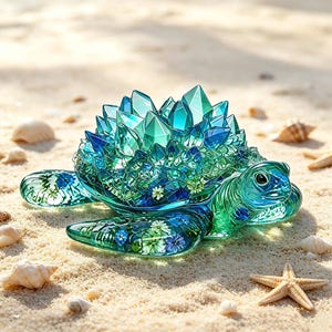 May include: A translucent sea turtle figurine featuring a shell composed of faceted teal and blue crystal-like structures. The body of the turtle is clear green glass with embedded small white and blue floral patterns visible within the limbs.