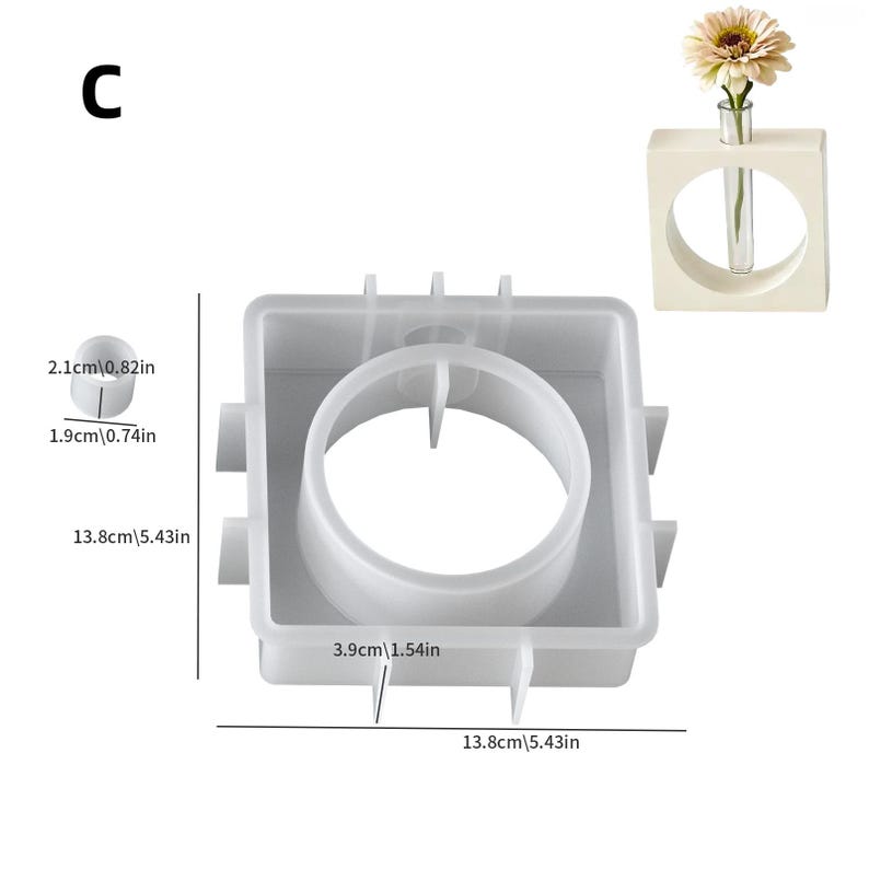May include: A clear, square resin mold with a large central opening, ideal for crafting. Dimensions are 5.43 inches by 5.43 inches. A small, round resin piece is also shown, measuring 0.82 inches in diameter. A small, wooden vase with a single flower is also shown.