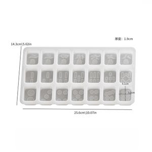 May include: A clear, rectangular mold for crafting, featuring 24 individual compartments. The mold measures 10.07 inches long, 5.62 inches wide, and 0.75 inches thick. Each compartment is designed with various shapes and symbols, perfect for creating custom game pieces.