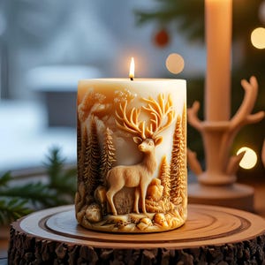 Puede incluir: Una vela de pilar crema encendida con un detallado relieve de un ciervo en una escena de bosque. La vela está sobre una rodaja de madera, con un fondo borroso de una ventana y otras velas.
