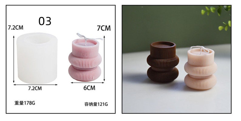May include: The image showcases a candle-making mold and finished candles. The mold is white and cylindrical, measuring 7.2 cm in diameter and height. The finished candles are stacked, with a ribbed design, in pink and brown. The pink candle is 6 cm wide and 7 cm tall.