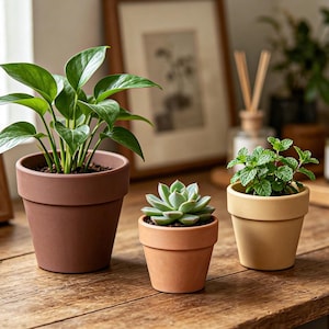 May include: Three potted plants in terracotta-style containers. On the left, a large dark brown pot holds a leafy green plant. In the center, a small light orange pot contains a succulent. On the right, a medium beige pot holds a small green herb.