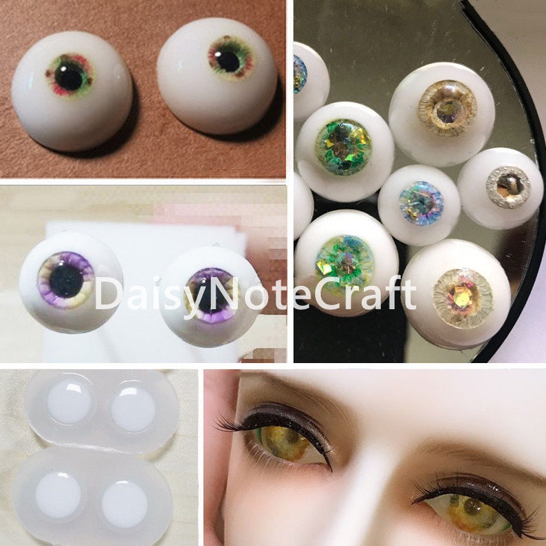 May include: A collection of doll eyes in various colors and styles. The eyes feature a range of iris colors, including green, purple, and gold, with detailed veining and reflective surfaces. Some eyes have glitter accents. The image also shows a pair of doll eyes in a container and a close-up of a doll's face.