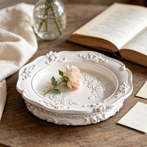 Peut inclure: Une assiette en céramique blanche avec un bord festonné et des motifs floraux en relief sur le rebord et le centre. Une rose rose pâle unique avec des feuilles vertes repose au milieu de l'assiette, ornée de motifs de roses sculptés.