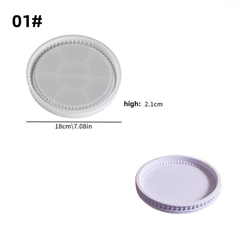 May include: A clear, round silicone mold with a segmented interior and a beaded edge. The mold is 7.08 inches in diameter and 0.82 inches high. The image also shows a smaller, lavender-colored tray with a beaded edge.