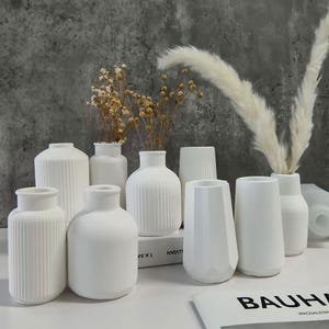 Op de afbeelding: Een verzameling witte keramische vazen in verschillende vormen en maten. Sommige vazen hebben geribbelde of geometrische ontwerpen, terwijl andere glad zijn. Verschillende vazen bevatten gedroogde bloemen en lange, veervormige pluimen.