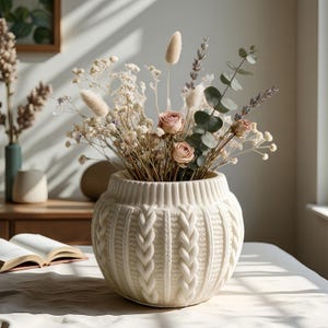 May include: A round, off-white ceramic vase featuring a textured cable knit pattern on its exterior. The vase is filled with a dried floral arrangement consisting of small pink roses, white baby's breath, fluffy bunny tails, and green eucalyptus stems.
