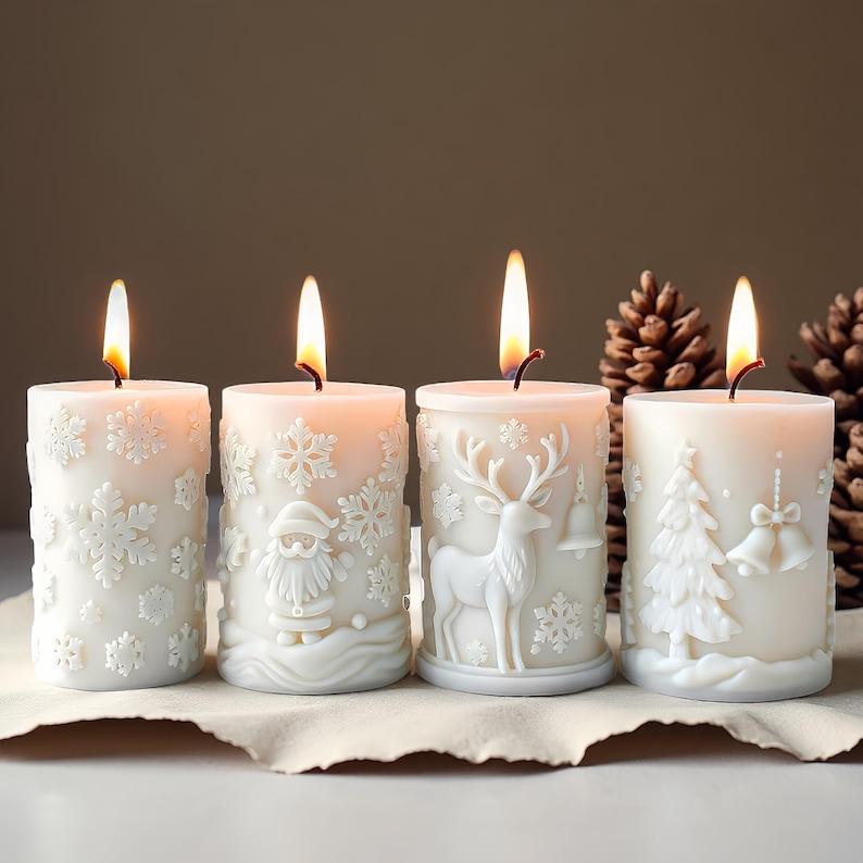 May include: Four white pillar candles with festive Christmas designs. Each candle has a different embossed design: snowflakes, Santa Claus, a reindeer, and a Christmas tree. The candles are lit, with a warm, inviting glow.