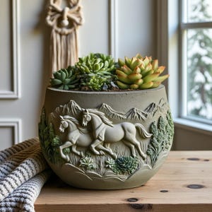 Może przedstawiać: Okrągła, jasnozielona donica z szczegółowym reliefem dwóch biegnących koni, gór i liści. Donica jest wypełniona różnymi zielonymi i pomarańczowymi sukulentami. Donica stoi na drewnianej powierzchni.