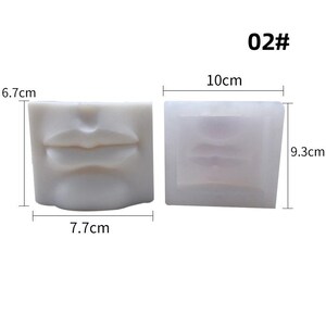 May include: Two white silicone molds, one with a detailed lip design and the other with a lip impression. The lip mold measures 7.7 cm wide, 6.7 cm high, and 10 cm long. The other mold is 9.3 cm high. The text "02#" is in the upper right corner.