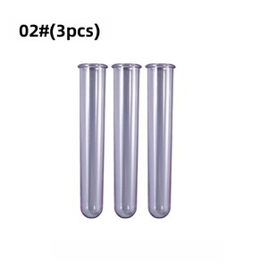 May include: Three clear, cylindrical test tubes with rounded bottoms. The tubes are made of a transparent material and have a slightly flared opening at the top. The text "02#(3pcs)" is in the upper left corner.