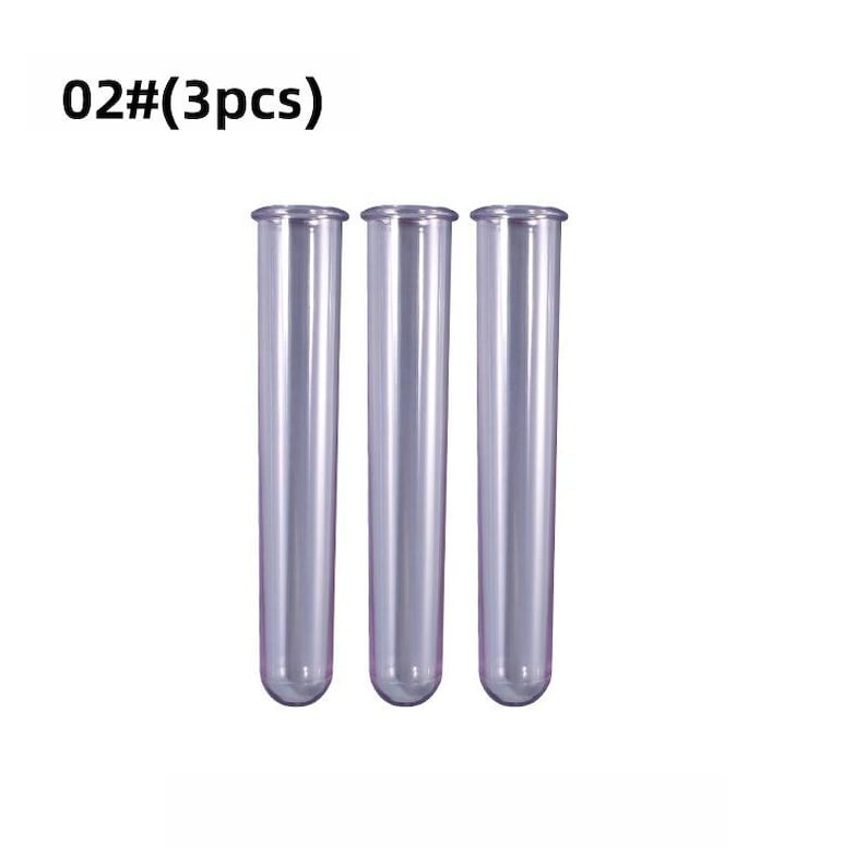 May include: Three clear, cylindrical test tubes with rounded bottoms. The tubes are made of a transparent material and have a slightly flared opening at the top. The text "02#(3pcs)" is in the upper left corner.