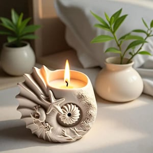 Può includere: Una candela accesa in un portacandele a forma di conchiglia. Il supporto bianco sporco presenta dettagliate incisioni a rilievo di stelle marine, conchiglie e piante acquatiche. La fiamma della candela brilla intensamente. Due piccoli vasi bianchi con piante verdi sono sullo sfondo.