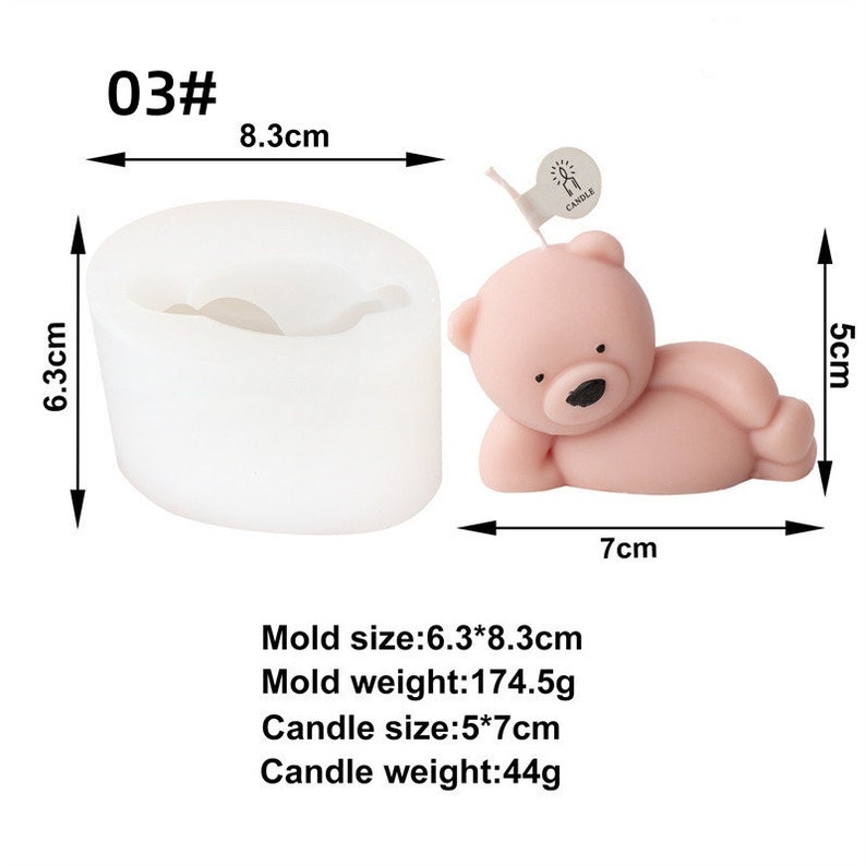 May include: A pink bear-shaped candle and a white silicone mold. The candle is 7 cm long and 5 cm tall. The mold is 6.3 cm tall and 8.3 cm wide. The candle weighs 44 grams.