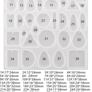 May include: A clear silicone mould with various shapes for resin casting. Includes teardrops, circles, squares, and triangles. Sizes range from approximately 1.8 cm to 4.8 cm in width and 2.3 cm to 4.8 cm in length. Numbers identify each shape.