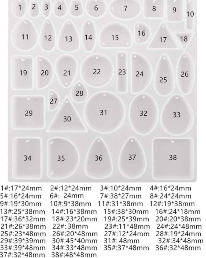 May include: A clear silicone mould with various shapes for resin casting. Includes teardrops, circles, squares, and triangles. Sizes range from approximately 1.8 cm to 4.8 cm in width and 2.3 cm to 4.8 cm in length. Numbers identify each shape.
