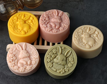 Easter Bunny Soap Silicone Mold-Embossed Rabbit Candle Mold-Round/Square Handmade Fragrance Soap Mold-Flower Bunny Jelly/Cake/Pastry Mold