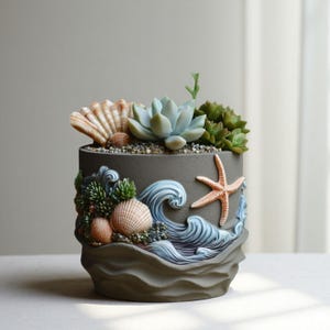 Puede incluir: Una maceta de cerámica gris con temática costera, con conchas marinas, una estrella de mar y olas del océano. La maceta está llena de pequeñas suculentas y grava. El diseño utiliza tonos azul claro y marrón.