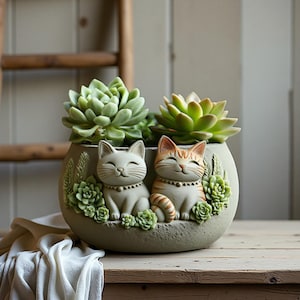 May include: A decorative planter featuring two smiling cat figures, one white and one orange tabby, surrounded by green succulent plants. The planter is a light gray color and sits on a wooden surface.