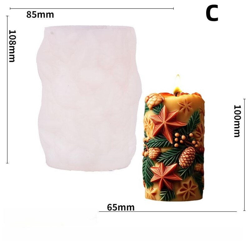 May include: A candle mold and a lit, decorated candle. The candle is tan with red stars, green pine needles, and brown pinecones. The candle is 100mm tall. The mold is white and measures 85mm wide and 108mm tall.