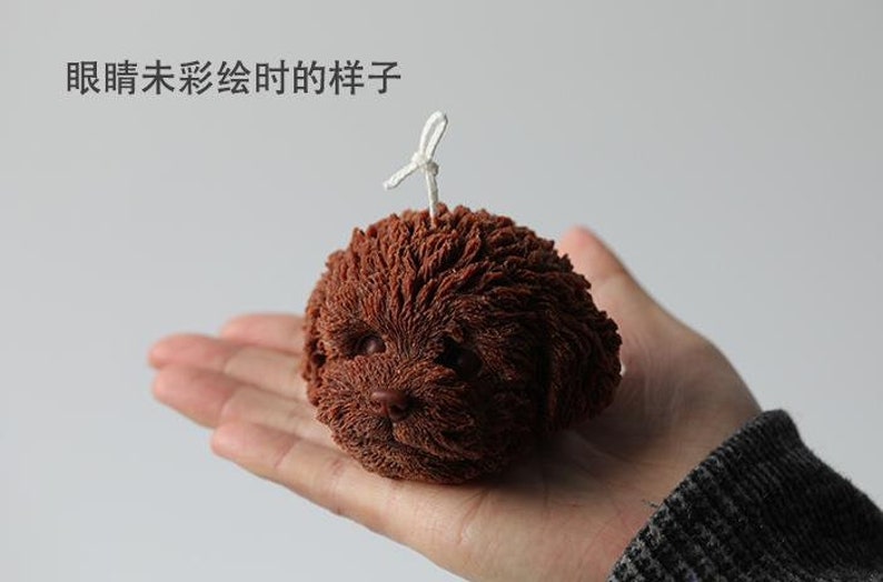 May include: A brown, dog-shaped candle with a textured surface. The candle has a white wick and the text "眼睛未彩绘时的样子" above it. The candle is held in a person's hand.