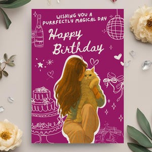 Ghibli Cat Birthday Card – Digital Download | Anime Girl with Cat | Cute Printable Greeting for Cat Lovers, Girl & Cat Card Digital