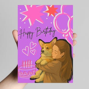 Corgi Mom Birthday Card - Ghibli Style Printable - Dog Mom Gift - Digital Greeting Card - 5x7 Folded - Cute Corgi Hug Art