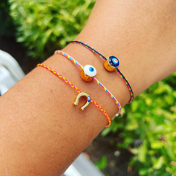 Colorful Nylon Cord Luck Bracelet || Gold || Horseshoe || Evil Eye || Surf Bracelet || Friendship Bracelet || Sliding Knot || Minimalist