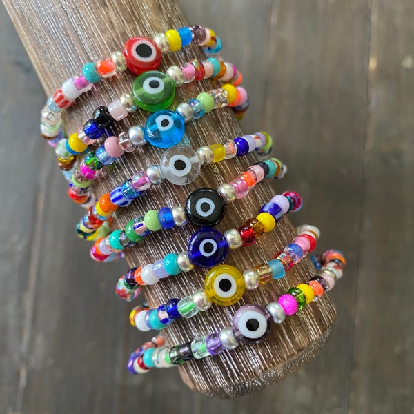 NEW Colors Added || Glass Evil Eye and Rainbow Bead Bracelet || Glass Bead Bracelet || Beaded Bracelet || Custom Bracelet