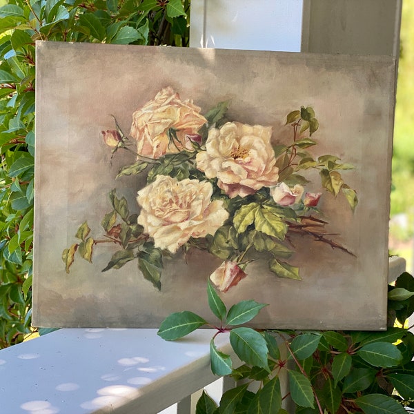 Antique ORIGINAL Oil on Canvas 20x16 Still Life Roses Oil Painting Garden Floral Cabbage Rose Victorian Painting 1800s