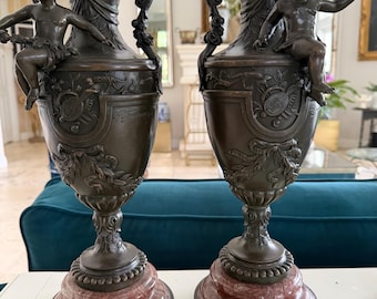 French Bronze urn Amphora Cherub vase Signed S Fontura Figural Bronze figure