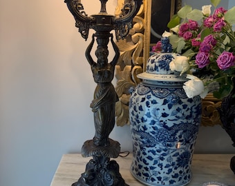 Vintage Bronze Figural Caryatid Table Lamp | Hollywood Regency 4 arm  Candelabra Lamp | Neoclassical Empire Goddess Lighting PAIR